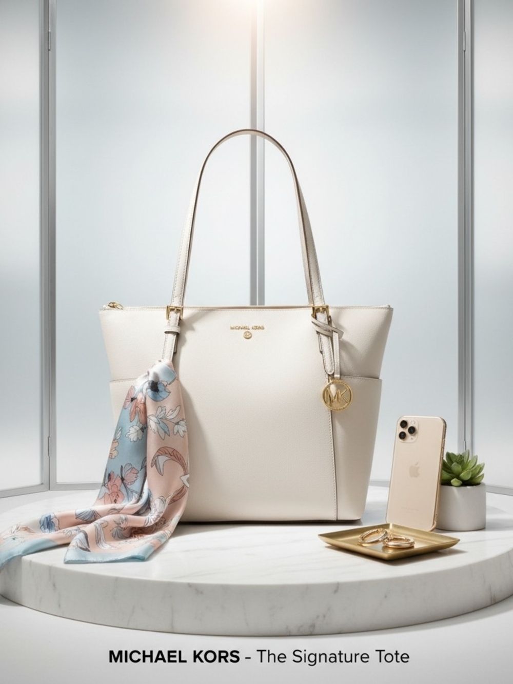 Michael Kors Large Saffiano Cream Leather Tote with Gold-Tone MK Charm